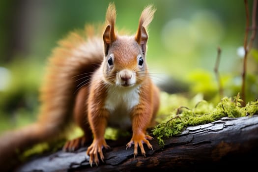 Single red squirrel sits on a tree trunk, generative ai