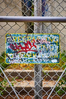 Image of Sign on fence left nearly illegible with graffiti saying Trespassing Loitering Forbidden By Law