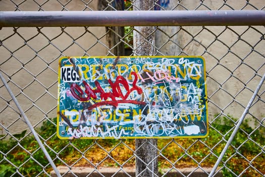 Image of Graffiti on sign with messages on chain link fence for Trespassing Loitering Forbidden By Law