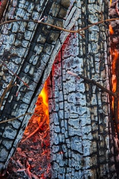Image of Detailed view of two ashen logs with red embers and tiny orange and yellow flames
