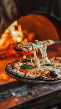 Freshly baked wood-fired pizza with melty cheese and basil, captured just as a slice lifts away, revealing the steamy, stringy goodness