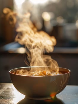 Captivating image of steam elegantly rising from a hot bowl of soup with a blurred background creating a warm atmosphere.