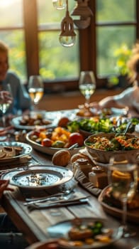 A lively dinner setting featuring friends and family engaged in conversation around, a rustic table adorned with sumptuous dishes under the glow of the golden hour