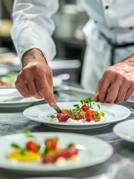 A chef's hand is captured adding a delicate garnish to a tuna appetizer on a pristine white plate, showcasing culinary finesse