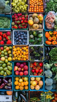A bird's-eye view showcases a rich assortment of market fresh produce neatly organized in baskets, emphasizing variety and abundance