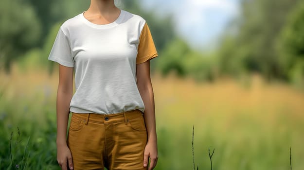 A woman wearing a white t-shirt with mustard-colored pants stands in a field, facing the camera. The background is blurred, showing green trees and a field of tall grass - Generative AI