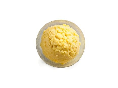 Rutabaga mashed with butter and nutmeg served in a transparent glass bowl creamy and savory. Food isolated on transparent background.