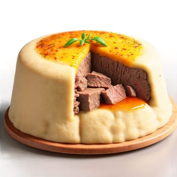 Beef suet pudding steamed dough with pieces of fat jus pooling Food and Culinary concept. Food isolated on transparent background.
