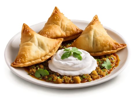 Samosa Chaat Crispy golden fried samosas topped with tangy chutneys yogurt and medley of fresh. Food isolated on transparent background.