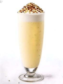 Pakistani Lassi tall glass with blend of yogurt water and spices garnished with pinch. Drink isolated on transparent background.