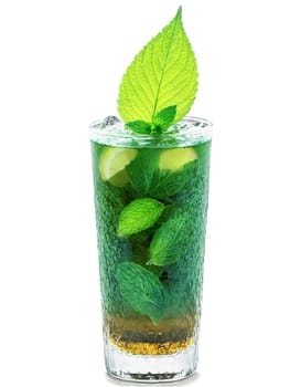 Spearmint tea tall glass pointed green leaves cooling mint flavor digestive aid. Drink isolated on transparent background.