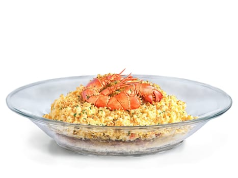 Lobster Thermidor rich and creamy with a golden breadcrumb topping served in a transparent glass. Food isolated on transparent background.