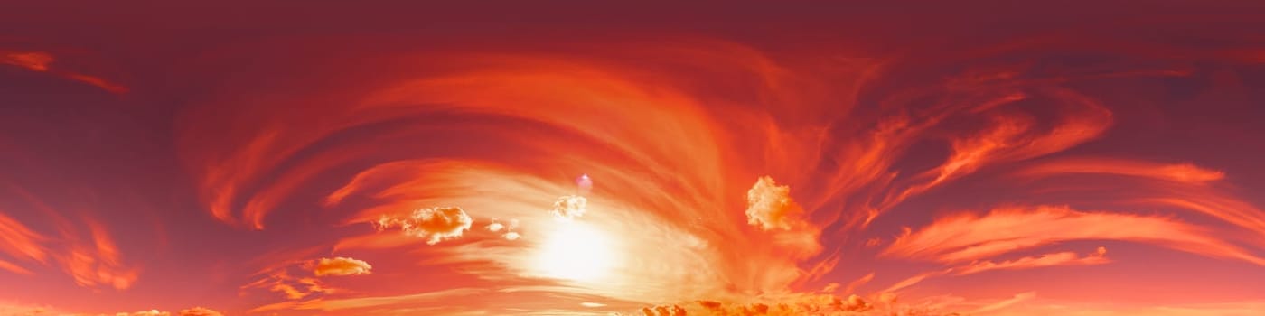 Golden glowing red orange overcast sunset sky 360 hdr panorama. Seamless spherical equirectangular panorama. Sky dome or zenith for 3D visualization and sky replacement for aerial drone 360 panoramas.