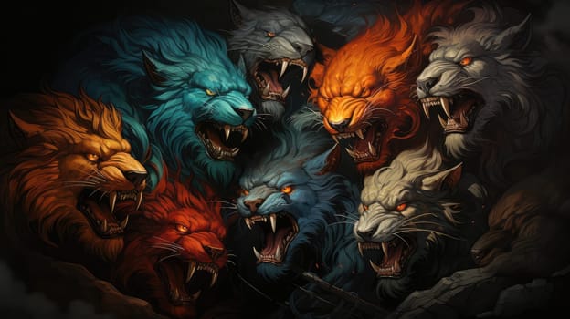 A pack of lions with huge and sharp fangs, painted in orange, blue and grey colours, roaring furiously, radiating primal energy.