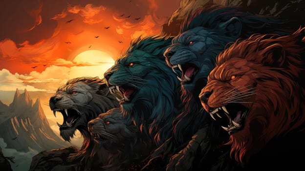 A pack of lions with huge and sharp fangs, painted in orange, blue and grey colours, roaring furiously, radiating primal energy.