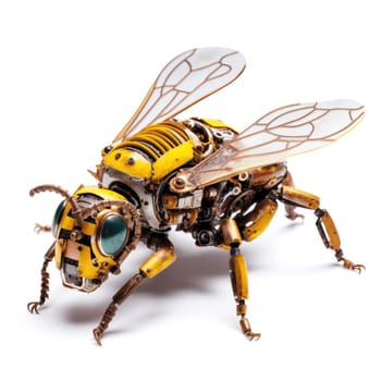 A futuristic robotic bee design with mechanical limbs and wings, blending nature and technology.