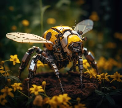 A futuristic robotic bee in a garden of flowers design with mechanical limbs and wings, blending nature and technology.