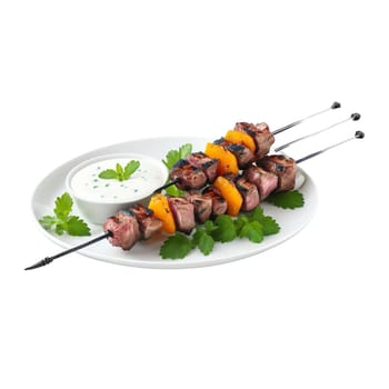 Grilled ostrich kebabs char marks apricot glaze mint yogurt sauce parsley garnish Culinary and Food. Food isolated on transparent background