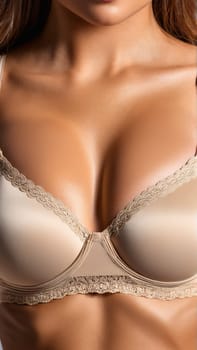 Soft Cotton T Shirt Bra A soft cotton t shirt bra in a neutral beige. Close up portrait in studio