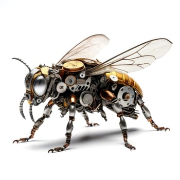 A futuristic robotic bee design with mechanical limbs and wings, blending nature and technology.
