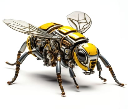 A futuristic robotic bee design with mechanical limbs and wings, blending nature and technology.