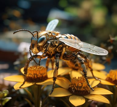 A futuristic robotic bee in a garden of flowers design with mechanical limbs and wings, blending nature and technology.