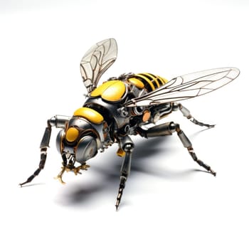 A futuristic robotic bee design with mechanical limbs and wings, blending nature and technology.