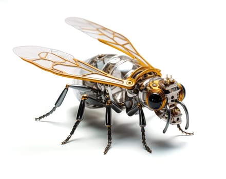 A futuristic robotic bee design with mechanical limbs and wings, blending nature and technology.