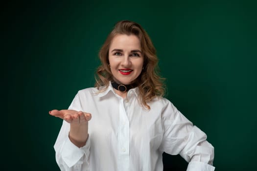 A woman is depicted wearing a crisp white shirt and a sleek black tie, exuding a professional and polished appearance. The contrast between the white shirt and black tie creates a striking visual impact.