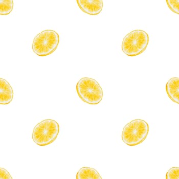 Lemon watercolor seamless pattern. Hand drawn tropical sour fruit. Clip art of juicy yellow lime. Half of citrus on isolated white background. Ideal for tableware, kitchen textiles and cosmetic packaging