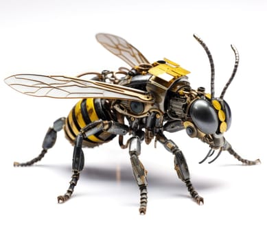 A futuristic robotic bee design with mechanical limbs and wings, blending nature and technology.