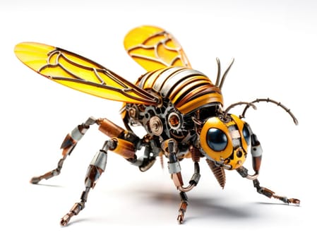 A futuristic robotic bee design with mechanical limbs and wings, blending nature and technology.