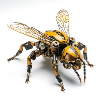 A futuristic robotic bee design with mechanical limbs and wings, blending nature and technology.