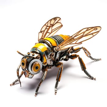 A futuristic robotic bee design with mechanical limbs and wings, blending nature and technology.