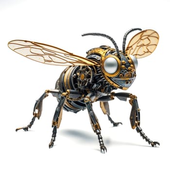 A futuristic robotic bee design with mechanical limbs and wings, blending nature and technology.