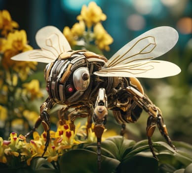 A futuristic robotic bee in a garden of flowers design with mechanical limbs and wings, blending nature and technology.
