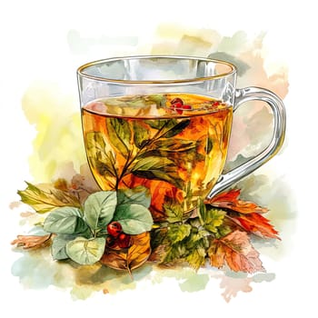 A clear glass cup filled with herbal tea sits surrounded by vibrant autumn leaves. This setting captures the essence of a warm, inviting afternoon, perfect for relaxation.