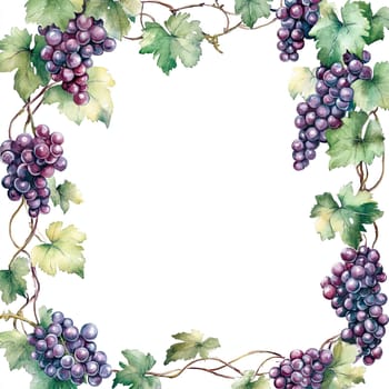 A vibrant illustration showcases curlicue grapes in shades of purple and green, surrounded by leafy vines, perfect for decorative or artistic purposes.