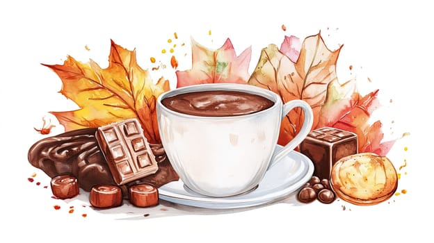 A steaming cup of tea is nestled among vibrant autumn leaves and a small pumpkin, creating a warm and inviting autumn atmosphere perfect for relaxation.