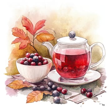 A steaming cup of herbal tea filled with vibrant berries sits on a rustic wooden table. A glass pitcher nearby holds more tea, complemented by colorful autumn leaves, creating a tranquil ambiance.