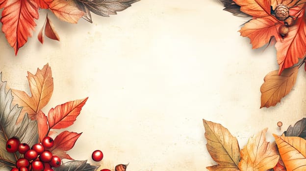 A decorative autumn-themed background showcases a blend of orange and red leaves accompanied by shiny berries, creating a warm and inviting ambiance suitable for seasonal designs.