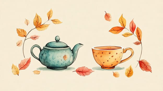 Warm hues of orange and yellow evoke a cozy atmosphere as a crafted cup of tea sits next to a decorative teapot amid autumn leaves, creating a peaceful fall moment.