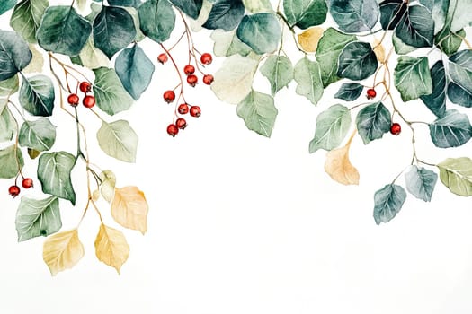A beautiful watercolor artwork featuring eucalyptus leaves in varied hues of green, yellow, and red, complemented by vibrant red berries, elegantly arranged against a white background.