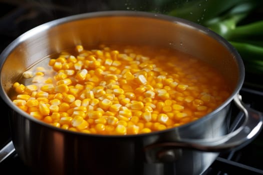 Corn kernels are boiled in a saucepan on a stove