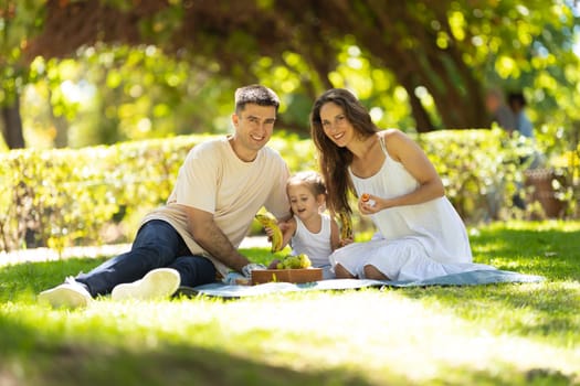 Young family is sitting on a blanket in a park, eating fruit and enjoying the summer weather
