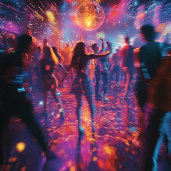 A bright and energetic photo of people dancing in a club. The scene captures their joyful expressions as they dance to the music at a disco. The atmosphere is filled with energy and excitement, showing a variety of characters enjoying a nightclub party. High quality photo