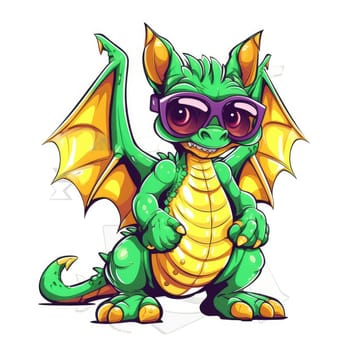 Portrait of a cute young fairy hipster dragon wearing sunglasses. Graphic design element. Template for sticker, poster, t-shirt print, etc.