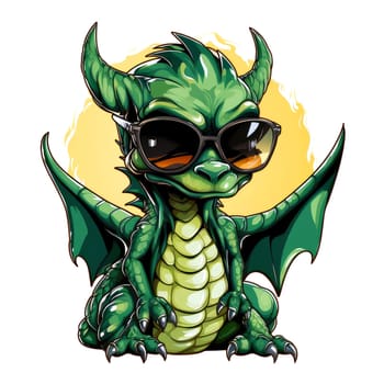 Portrait of a cute young fairy hipster dragon wearing sunglasses. Graphic design element. Template for sticker, poster, t-shirt print, etc.