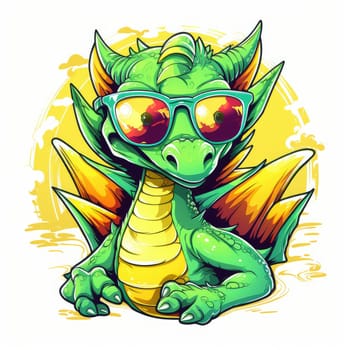 Portrait of a cute young fairy hipster dragon wearing sunglasses. Graphic design element. Template for sticker, poster, t-shirt print, etc.