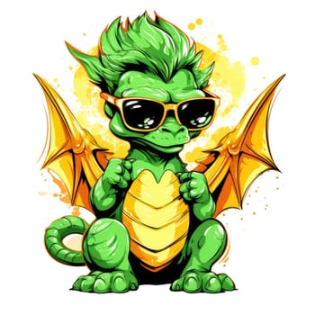 Portrait of a cute young fairy hipster dragon wearing sunglasses. Graphic design element. Template for sticker, poster, t-shirt print, etc.